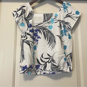 Liz Claiborne Cap Sleeve Top Square Neck White & Black Palms & Blue Flowers NWT!